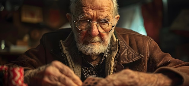Пожилой мужчина в пенсии, играя в карты с друзьями дома или в доме престарелых