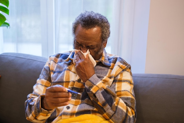 Senior man blowing his nose and looking at the thermometer to check his health status