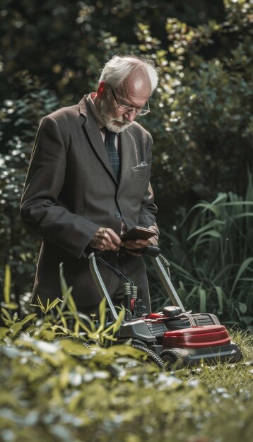 Photo senior man in business suit struggles with lawnmower in garden calls for help on phone blending