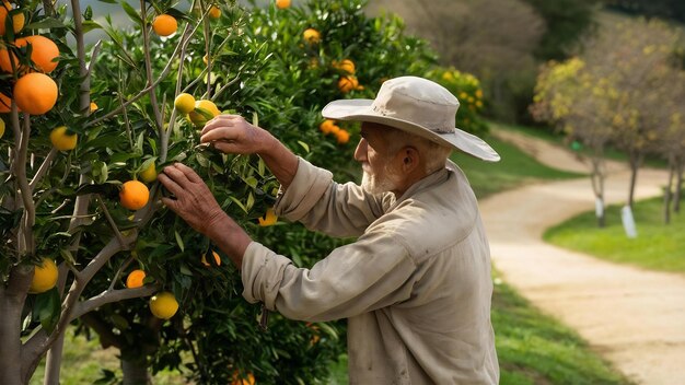 Senior man cultivating oranges