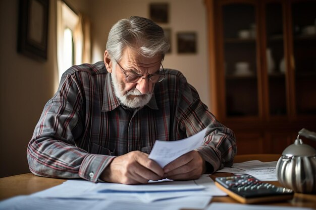 Foto senior man die papieren biljetten inspecteert terwijl hij aan tafel zit