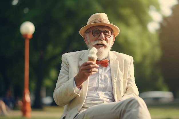 Photo senior man eat ice cream in a park