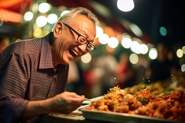 A senior man eating happily at a street food market at night