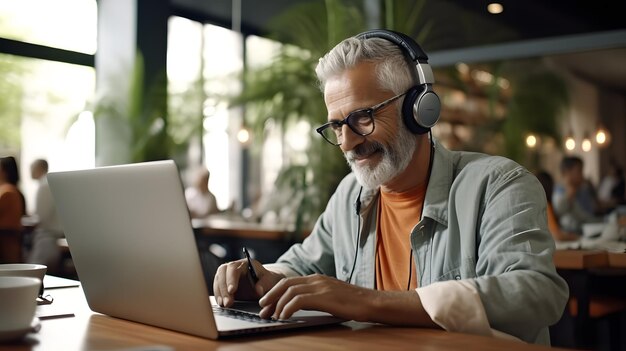 Photo senior man enjoying cafe work on laptop