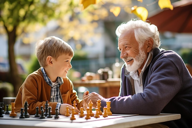 A senior man enjoying a game of chess with his grandson emphasizing intergenerational bonding