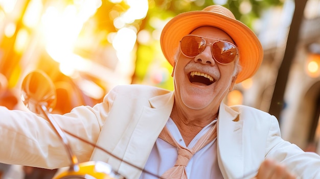 Foto uomo anziano che si gode le vacanze estive a cavallo di uno scooter giallo in italia esperienza di viaggio su strada alla moda