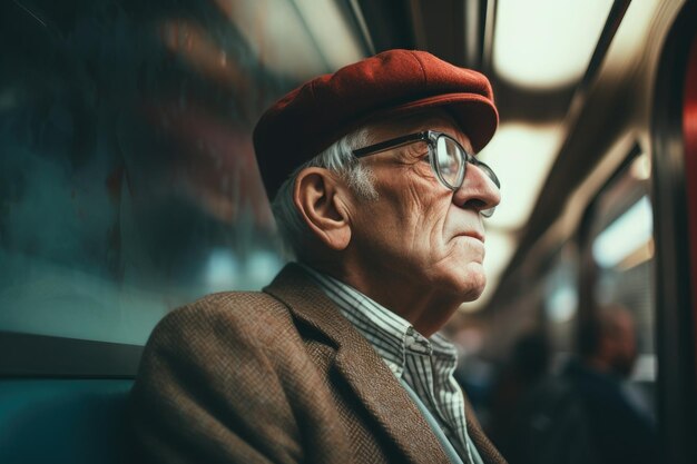 電車に乗りながら景色を楽しむシニア男性の高画質写真