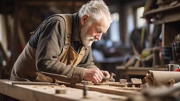 Senior man enjoys woodworking workshop crafting with precision AI Generated