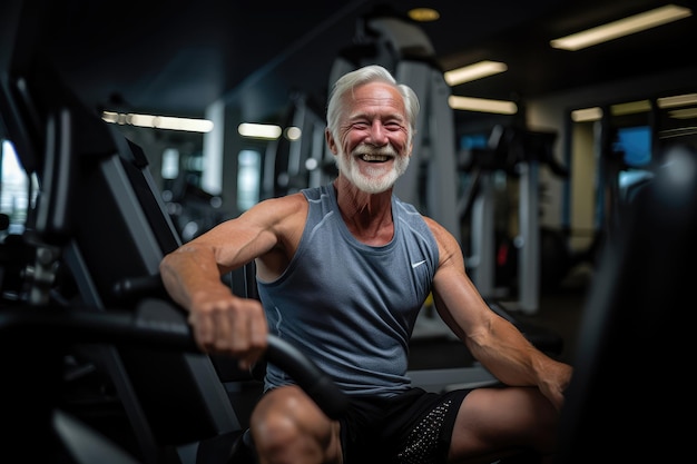 Senior man exercising on crossfit machine at gym and smiling