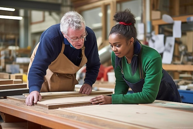 Photo senior man explaining to female woodwork apprentice