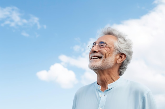 senior man in eyeglasses looking away on sky background