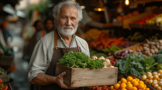 старший фермер продает свою продукцию овощи на рынке или в магазине