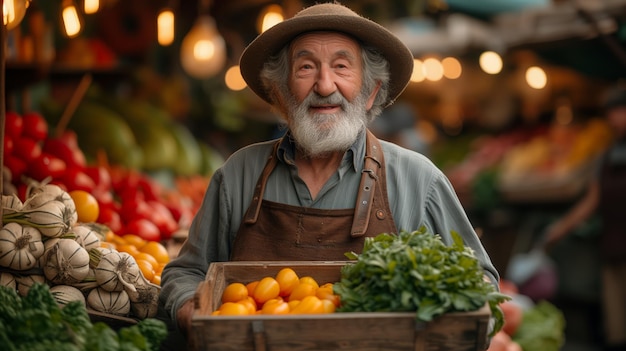 senior man farmer sell his products vegetables at the market or shop