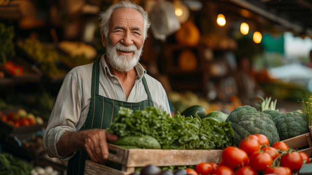 Старший фермер продает свою продукцию овощи на рынке или в магазине