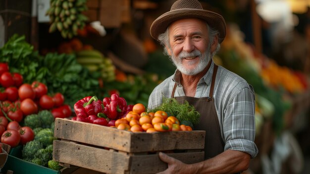 Senior man farmer sell his products vegetables at the market or shop