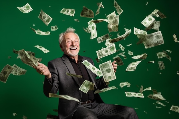 Senior man and flying money on studio green background