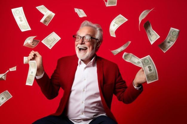 Старший мужчина и летающие деньги на красном фоне студии