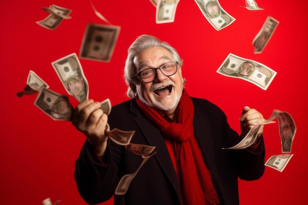 Senior man and flying money on studio red background