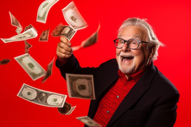 Senior man and flying money on studio red background