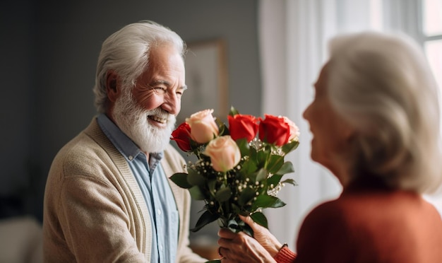 Senior man giving flowers to wife grandpa gives flowers to grandma happy longevity an elderly couple