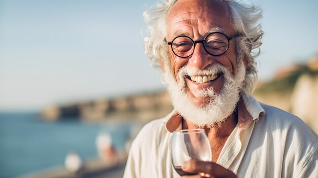 Senior man glimlachend en wijn drinken Generatieve AI