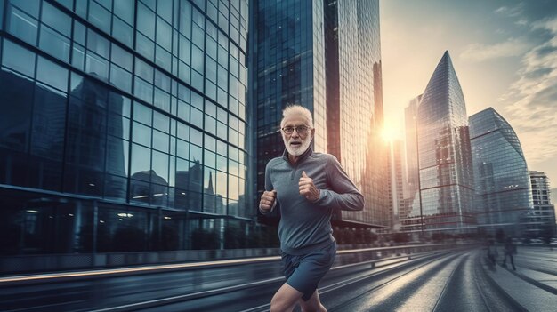 市内の道路で長寿のための健康的なライフスタイルを送っている老人を走りに行くシニア男性