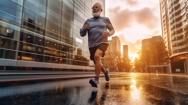 Senior man going for a run old man living a healthy lifestyle for longevity on road in city