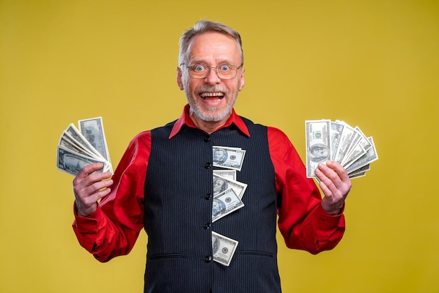 Senior man guy won the lottery fan of money in hands lucky day
human emotions and facial expressions