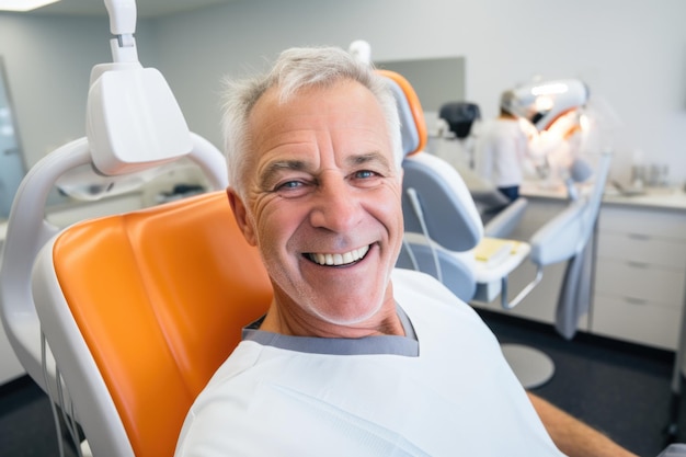 Старший мужчина счастлив и удивлен в стоматологической клинике