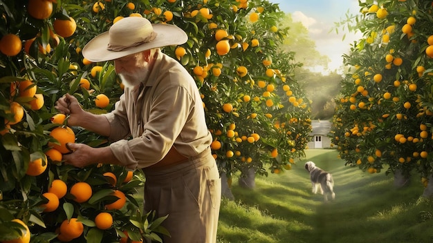 Senior man harvesting orange trees alone