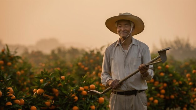 Senior man harvesting orange trees alone