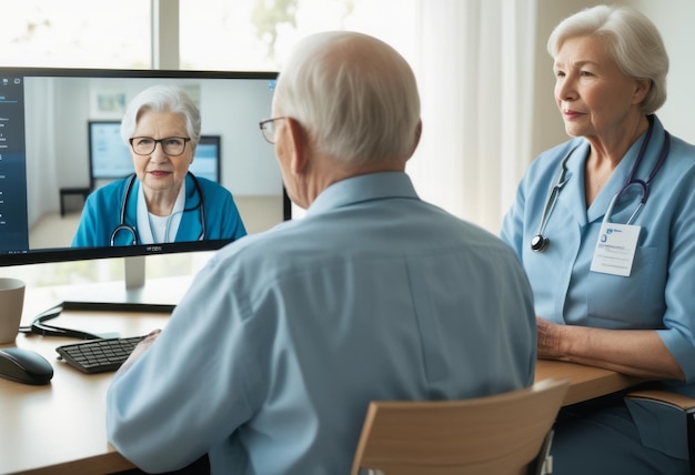 노인이 간호사와 의사와 온라인으로 원격 의료 상담을 하는 것은 현대를 반영합니다.