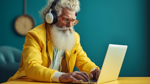 Senior man headphones on and working on laptop in vibrant attire techsavvy focused and stylish elder