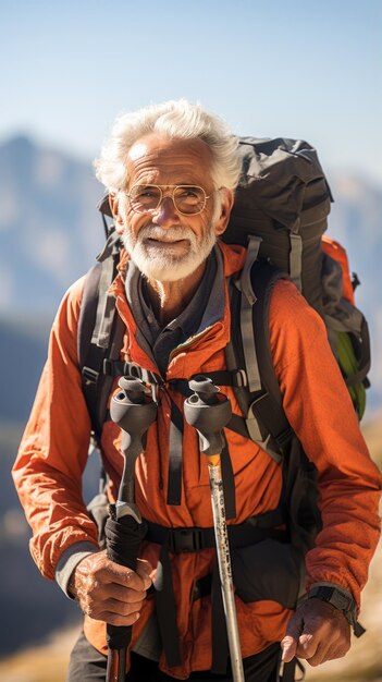 Foto uomo anziano escursionista zaino bastone da passeggio catena montuosa sguardo determinato