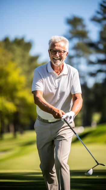 Senior man hitting a golf ball on a sunny day