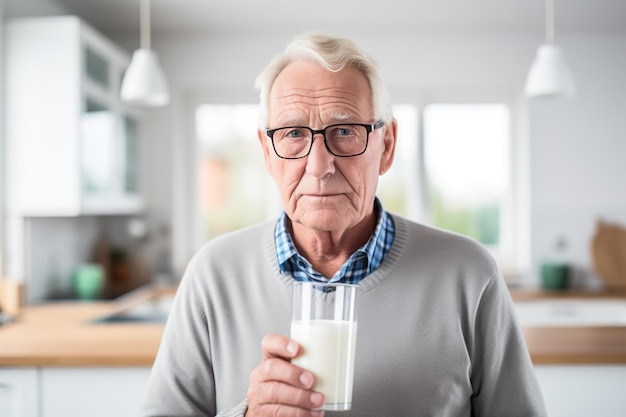 新鮮な牛乳の入ったグラスを手に持つ年配の男性