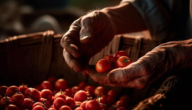 Senior man holding ripe tomato from vegetable garden generated by AI