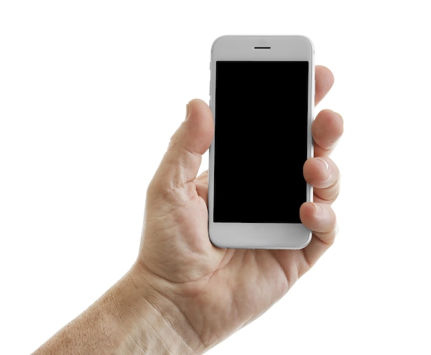 Senior man holding smart phone on white background