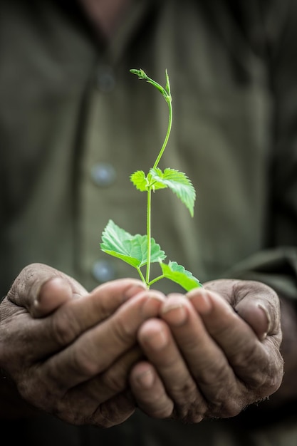 Senior man holding young spring plant in hands Ecology concept