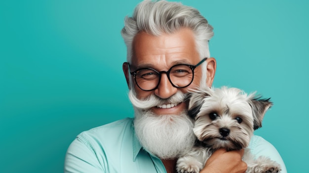 Senior man holds a dog puppy in his arms on blue background