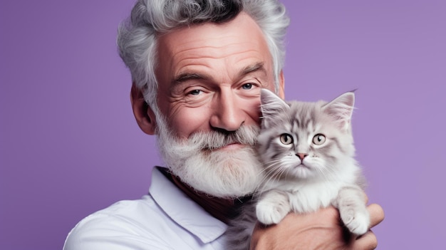 Senior man holds a kitten in his arms on purple background