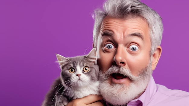 Senior man holds a kitten in his arms on purple background