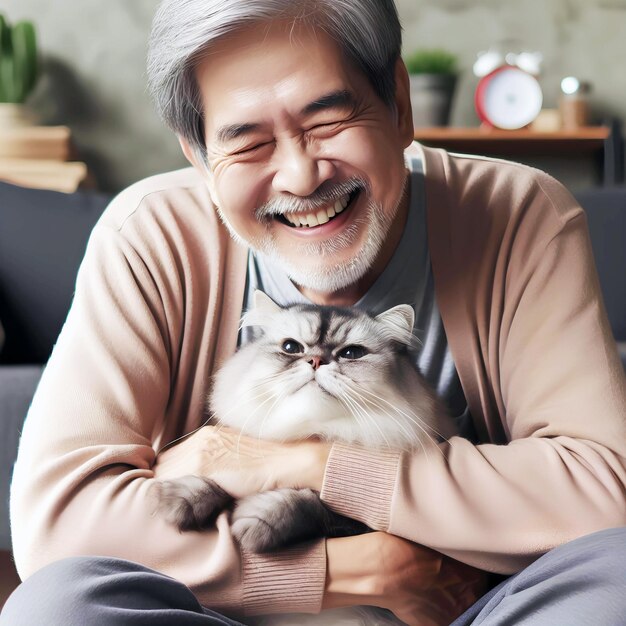 A Senior man at home with favorite pet cat love and friendship of human and animal pragma