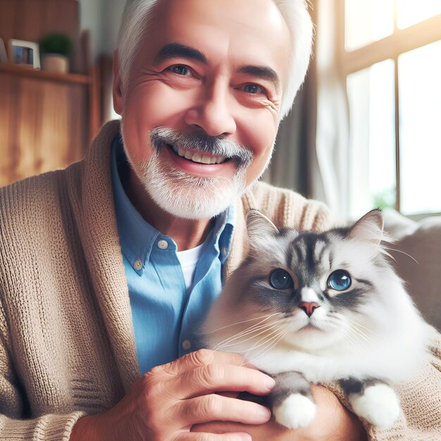 A Senior man at home with favorite pet cat love and friendship of human and animal pragma