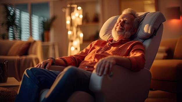 Пожилой мужчина расслабляется на массажном кресле в гостиной и дремлет.
