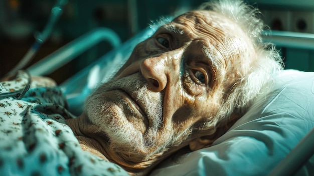 A senior man lies peacefully in a hospital bed surrounded by medical equipment with a serene expression on his face