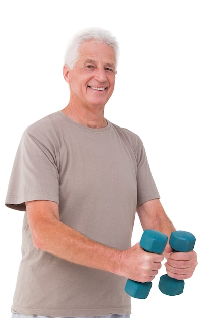 Senior man lifting hand weights