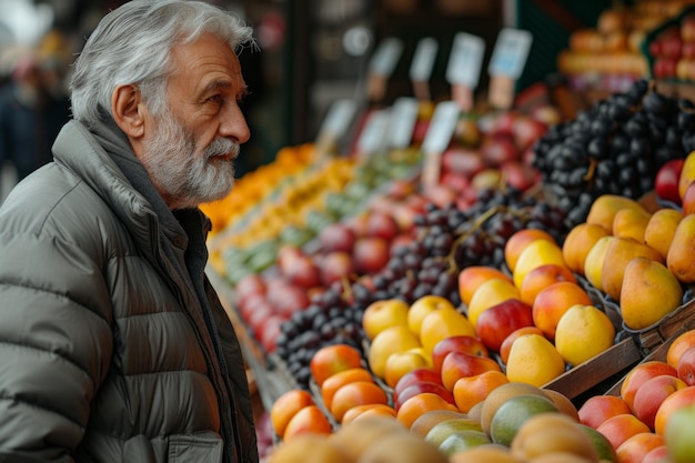 Senior man looking at fresh fruit at market american street markets image