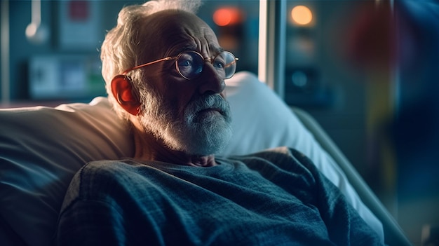 Senior man lying in hospital bed and looking at camera Old man with grey hair and glassesgenerative ai