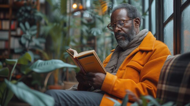 Senior man met een bril die een boek leest in een gezellige binnenomgeving met planten